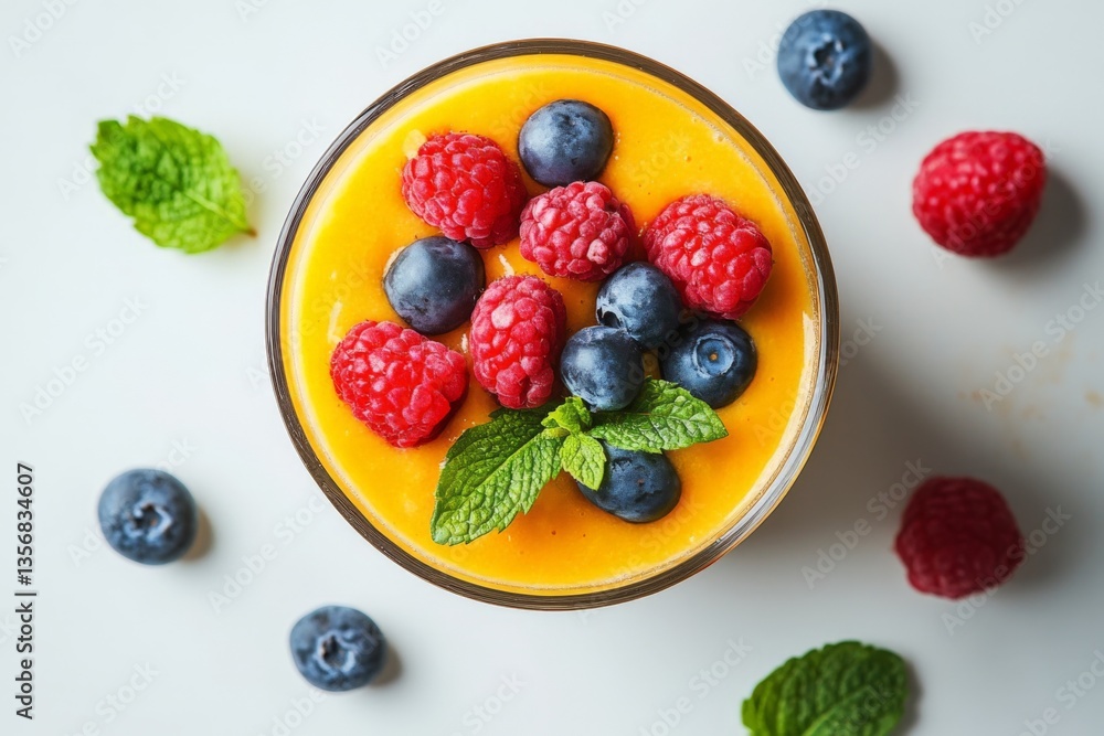Delicious bowl of mango smoothie topped with fresh raspberries and blueberries, perfect for a refreshing summer treat Delicious bowl of mango smoothie topped with fresh raspberries and blueberries, perfect for a refreshing summer treat