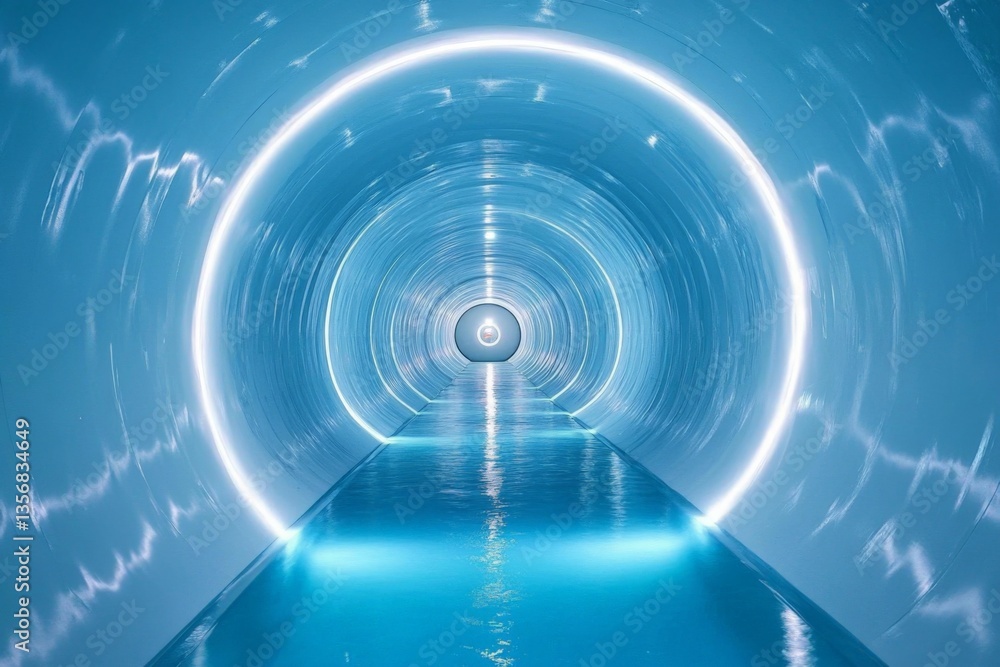 Bright blue water tunnel with glowing lights creates a futuristic passageway in leisure facility Bright blue water tunnel with glowing lights creates a futuristic passageway in leisure facility