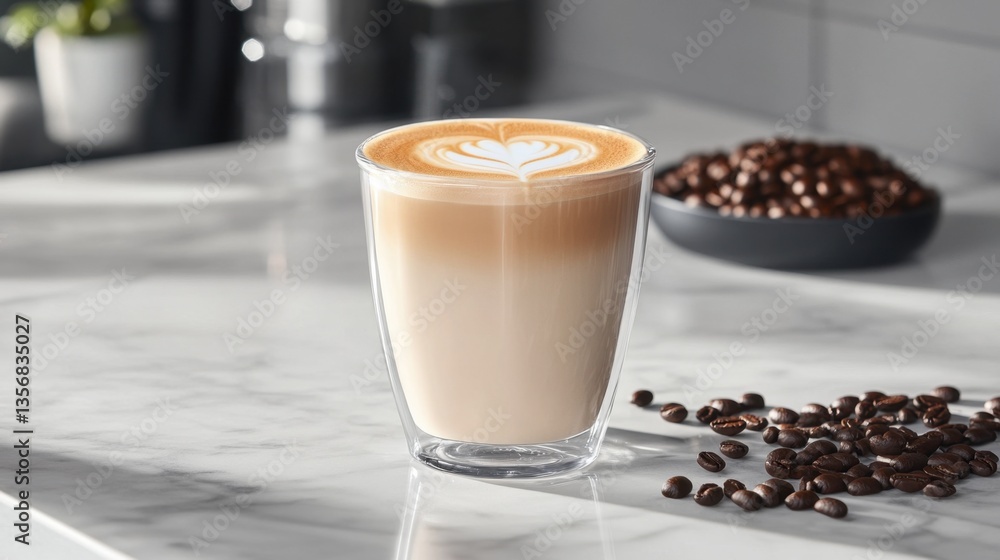 A close-up of a latte in a glass cup with beautiful heart-shaped latte art, sitting on a marble countertop surrounded by coffee beans. A close-up of a latte in a glass cup with beautiful heart-shaped latte art, sitting on a marble countertop surrounded by coffee beans.
