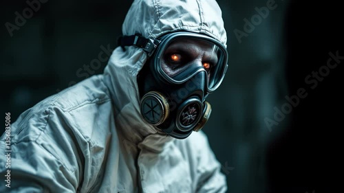 Zombie or Mysterious Figure in Gas Mask and Protective Suit in Eerie Darkness, Perfect for Post-Apocalyptic Scenarios and Horror Themes