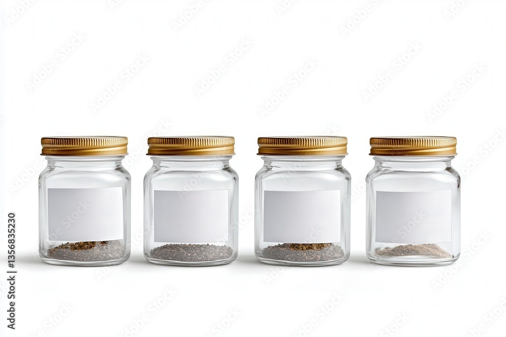 Four glass jars with metal lids containing various spices. Four glass jars with metal lids containing various spices.