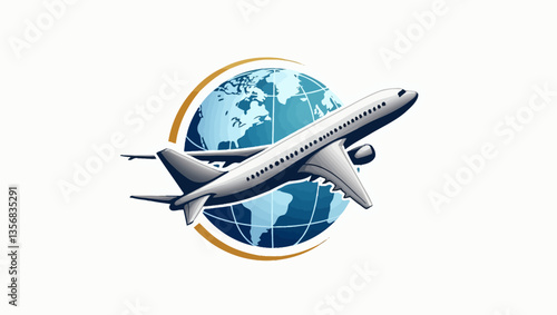 Passenger airplane flying over Earth globe, symbolizing international travel, aviation industry, and global connectivity.
