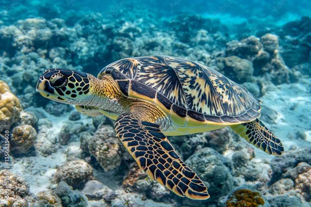 Obraz premium Sea turtle swimming gracefully over coral reef in clear ocean waters