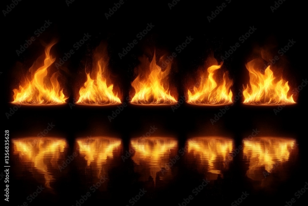 Fototapeta premium Flames dance across a reflective surface creating a vibrant display of light and heat at night