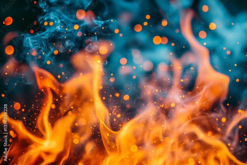 Obraz premium Vibrant flames and smoke create a mesmerizing display of color and movement in a nighttime fire scene
