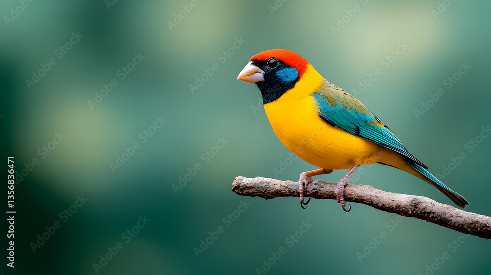 Naklejka premium Closeup of a colorful Gouldian finch (Chloebia gouldiae) standing on the narrow branch