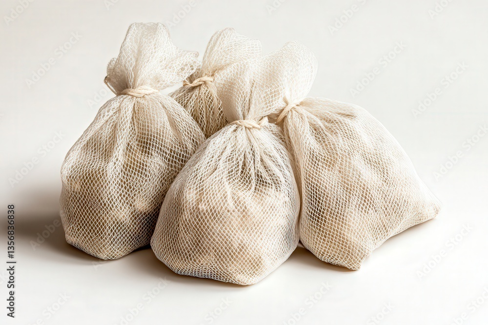 Obraz premium Three mesh bags filled with fresh produce on a white background.
