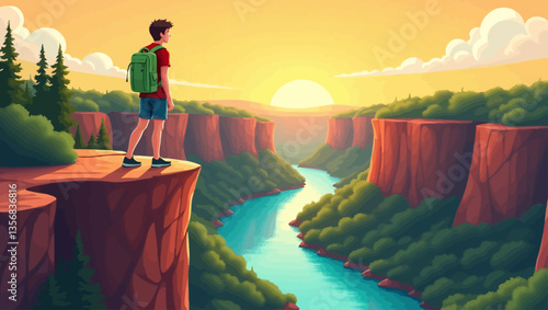 Backpacker standing at canyon edge during sunset, admiring the scenic river landscape and natural beauty.