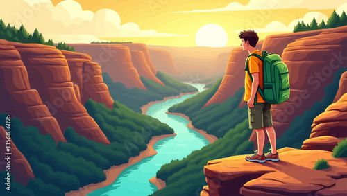 Hiker with backpack watching the canyon and winding river during sunset, symbolizing exploration and nature admiration.