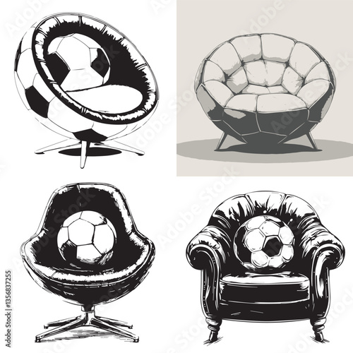 a set of four soft chairs in a sports football style with a ball, vector, graphics
