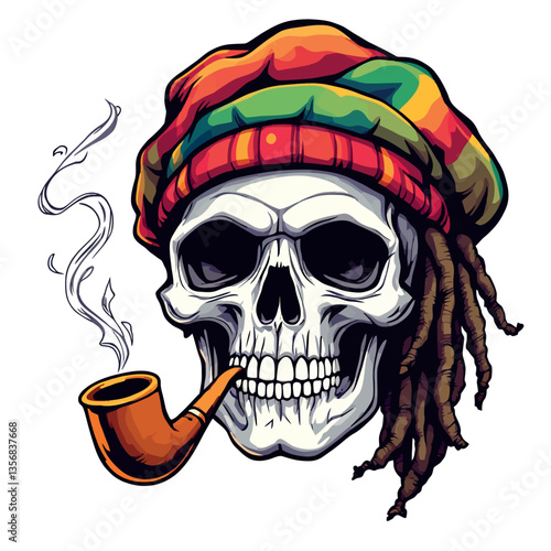 Skull with dreadlocks smoking pipe wearing colorful hat