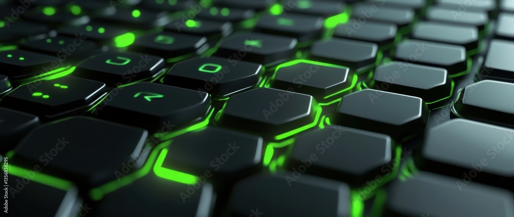 Obraz premium 3D rendering of a black and green glowing hexagon shape with a keyboard button in the background.