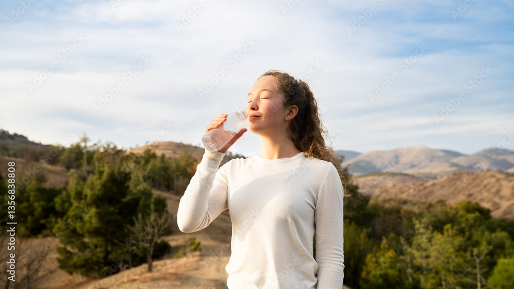 Woman drinking water outdoor. Portrait of a happy pleasant girl enjoying water from a plastic bottle in the mountains. Hydration, outdoor sport, hiking, trekking, active healthy lifestyle, travel. Woman drinking water outdoor. Portrait of a happy pleasant girl enjoying water from a plastic bottle in the mountains. Hydration, outdoor sport, hiking, trekking, active healthy lifestyle, travel.