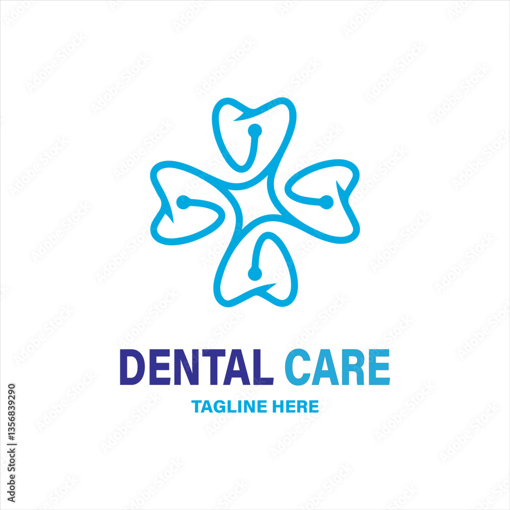 Obraz premium A professional dental logo featuring interconnected teeth-shaped elements forming a circular pattern. The clean blue lines represent trust, care, and cleanliness, making it ideal for a dental clinic.