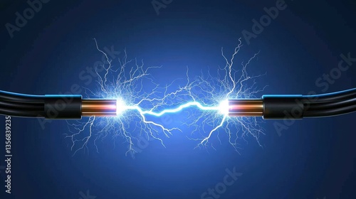 Two electrical cables connected with lightning on a blue background in high detail