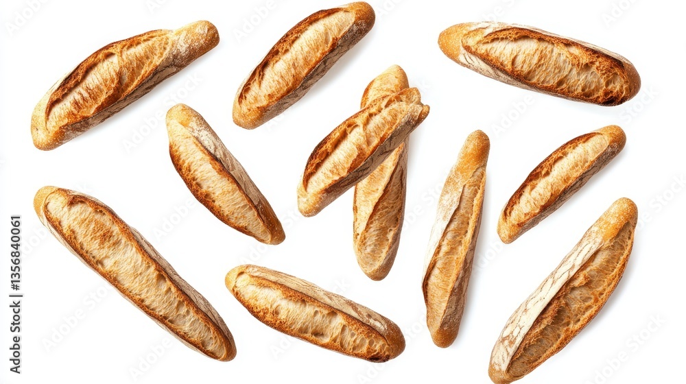 Golden baguettes floating on a clean white background creating a visually appealing pattern perfect for food blog Golden baguettes floating on a clean white background creating a visually appealing pattern perfect for food blog