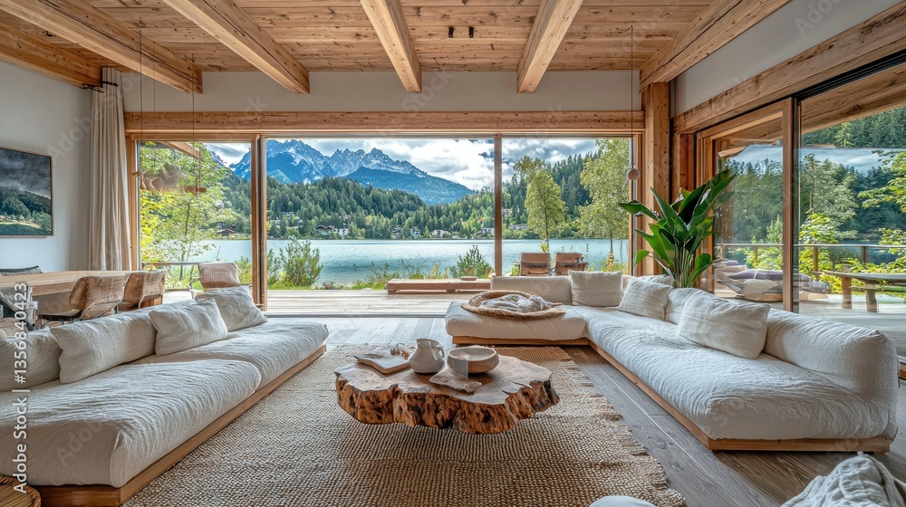 Fototapeta premium Lakeside Cabin Living Room with Mountain View