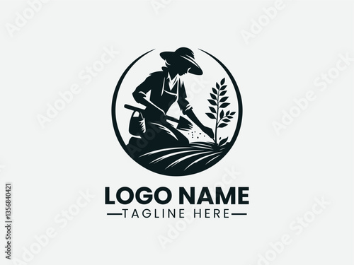 farmer planting seedling silhouette. Sustainable agriculture logo
