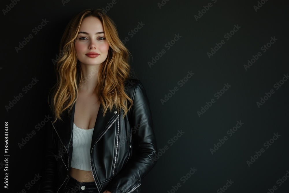 Bold and Edgy Fashion: Confident Young Woman in Leather Jacket and Boots Posing Against a Black Background Bold and Edgy Fashion: Confident Young Woman in Leather Jacket and Boots Posing Against a Black Background