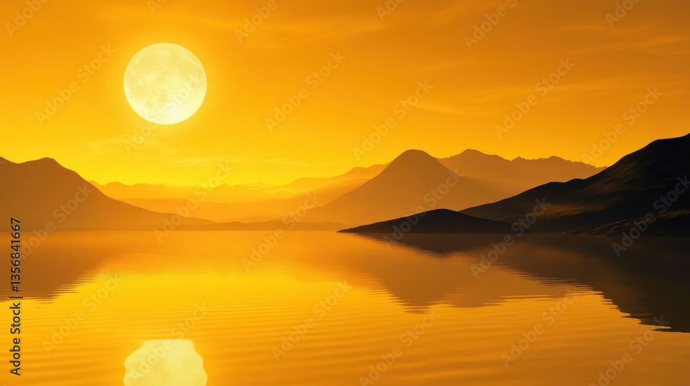 Obraz premium 3D rendering of a golden sunrise over mountains with a reflection in a lake.