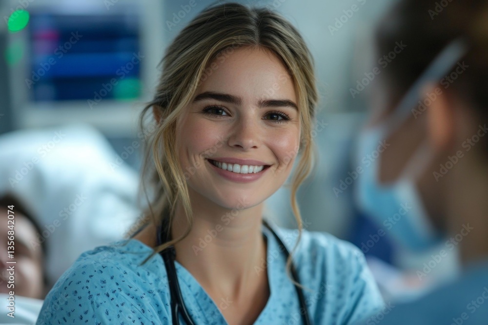Fototapeta premium Nurse interacting with a patient in a hospital setting during daytime with a warm smile