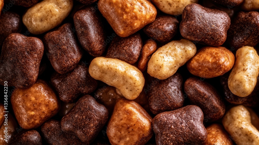 A high-resolution close-up reveals a detailed texture of assorted chocolate and caramel candies; a delectable mix of rich brown and light tan hues showcases the sweet treats' A high-resolution close-up reveals a detailed texture of assorted chocolate and caramel candies; a delectable mix of rich brown and light tan hues showcases the sweet treats'