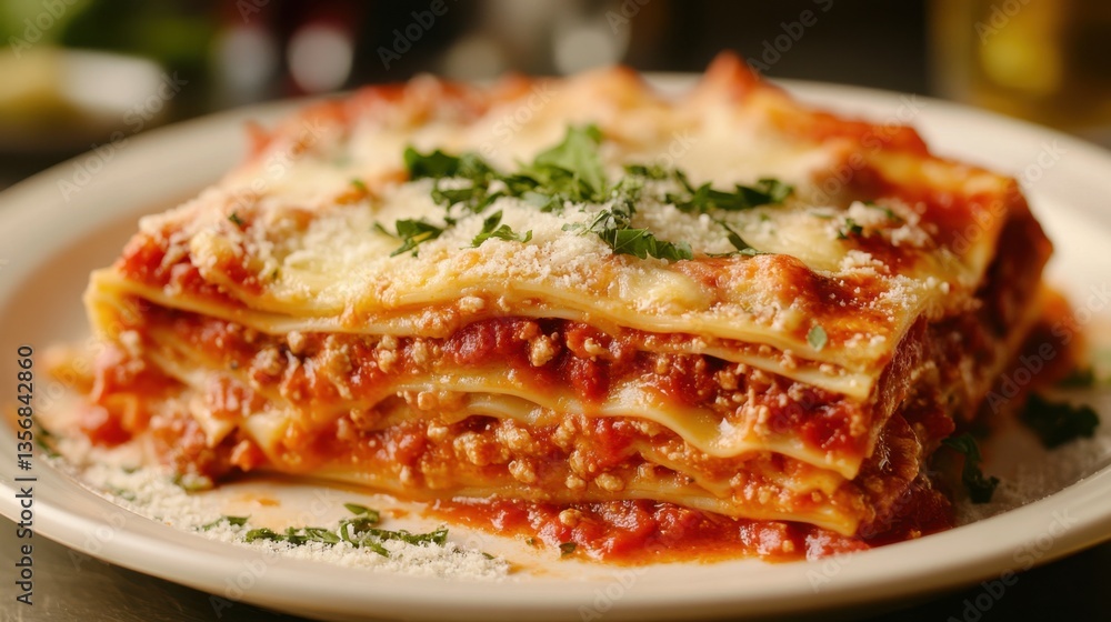 A plate of fresh homemade lasagna, with layers of pasta, tomato sauce, and cheese, bubbling and golden from the oven. A plate of fresh homemade lasagna, with layers of pasta, tomato sauce, and cheese, bubbling and golden from the oven.