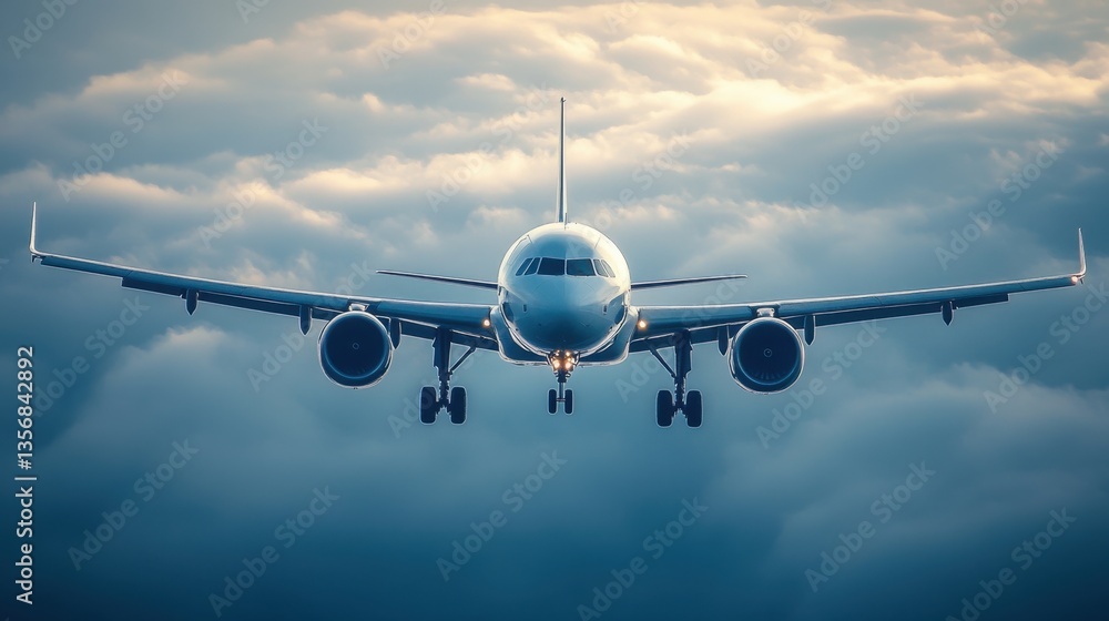 Naklejka premium Passenger airplane approaching for landing against a cloudy sky front view commercial aviation travel and transportation concept modern jet aircraft