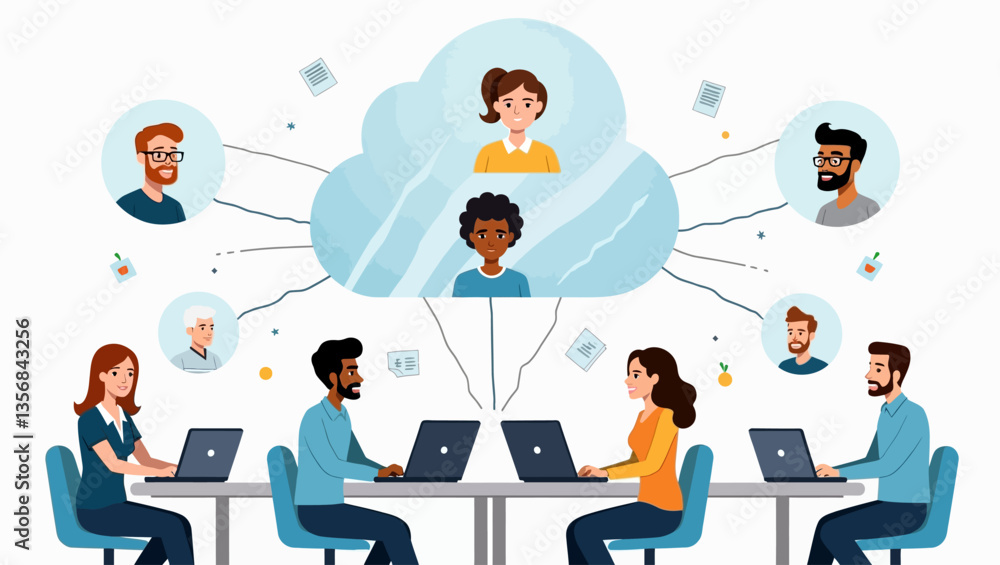 Team of coworkers connected through cloud network, collaborating digitally in a shared modern office with laptops. Team of coworkers connected through cloud network, collaborating digitally in a shared modern office with laptops.