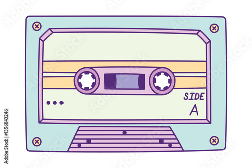 Retro Audio Cassette Hand Drawn Illustration with Outline Isolated on White Background. Vintage Analog Music Tape Record System. Vintage Mixtape from 80s and 90s