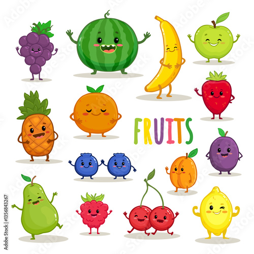 Set of cartoon fruit characters. Cute pineapple, watermelon, apple, strawberry, cherry, banana, pear, lemon, orange, apricot, raspberry, plum with arms and legs for kids. Food illustration. Vector