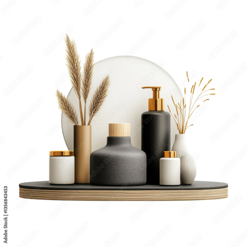 Decorative arrangement of vases and bottles with pampas grass against a minimalist background. Stackable shelf watercolor. Decorative arrangement of vases and bottles with pampas grass against a minimalist background. Stackable shelf watercolor.