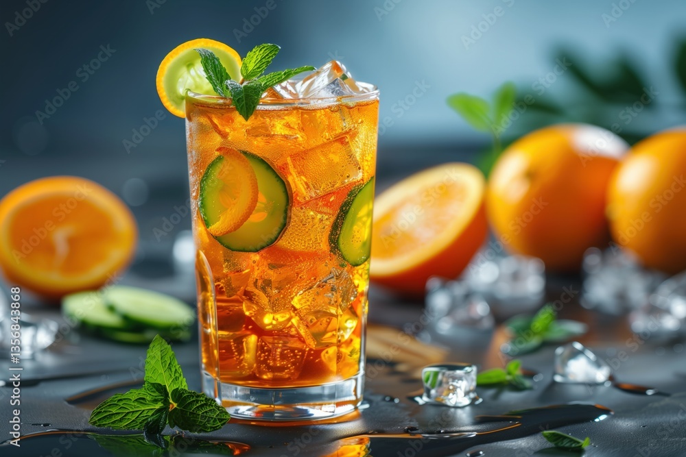 Fototapeta premium Refreshing Pimms Cocktail with Citrus and Mint Garnish 
