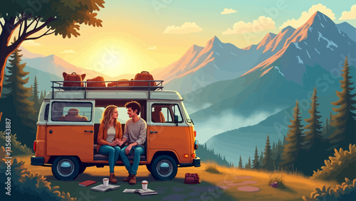 Couple enjoying sunrise with camper van in mountain landscape, symbolizing travel freedom, love, and adventure.