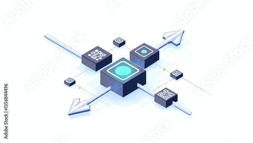  Futuristic isometric blockchain network showing QR-coded blocks, arrows, and data transfer flows in a digital ecosystem.