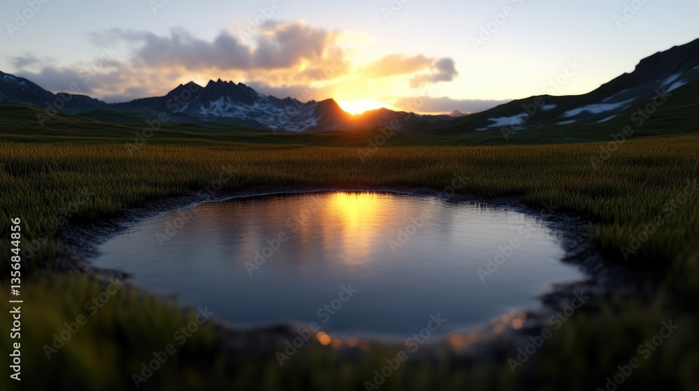 Fototapeta premium Golden sunset over a tranquil mountain pond