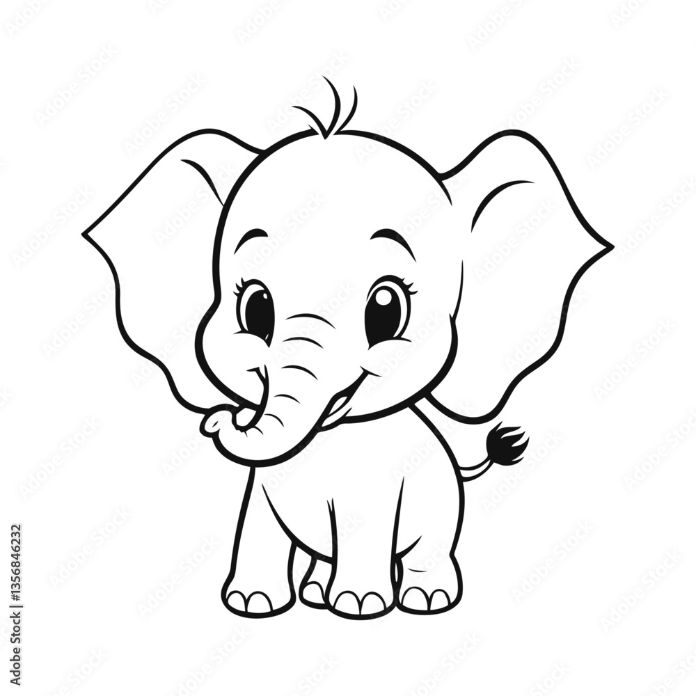 Fototapeta premium A black and white vector silhouette of a joyful baby elephant with its trunk raised in happiness on a white background