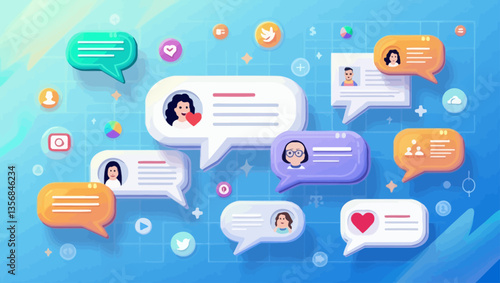  Colorful comment and chat bubbles with user avatars representing social media interaction and online communication.