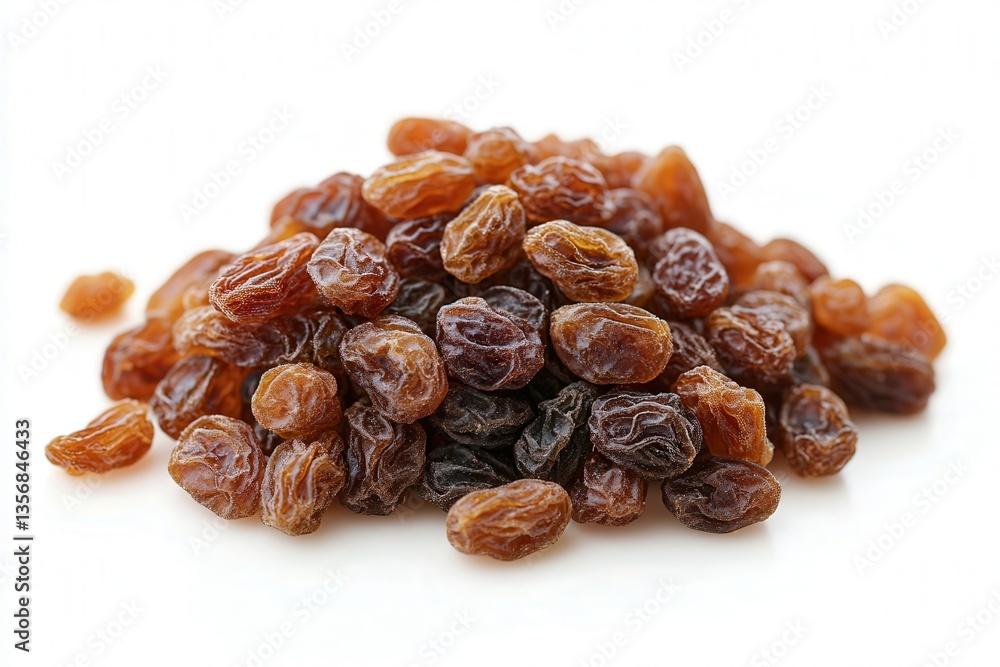 Fototapeta premium A pile of dried raisins on a white background.