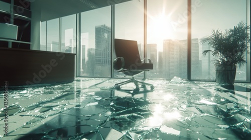 3D rendering of a broken glass window in a modern office interior with sunlight shining through.