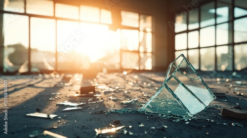 3D rendering of a broken glass window in a modern office interior with sunlight shining through.