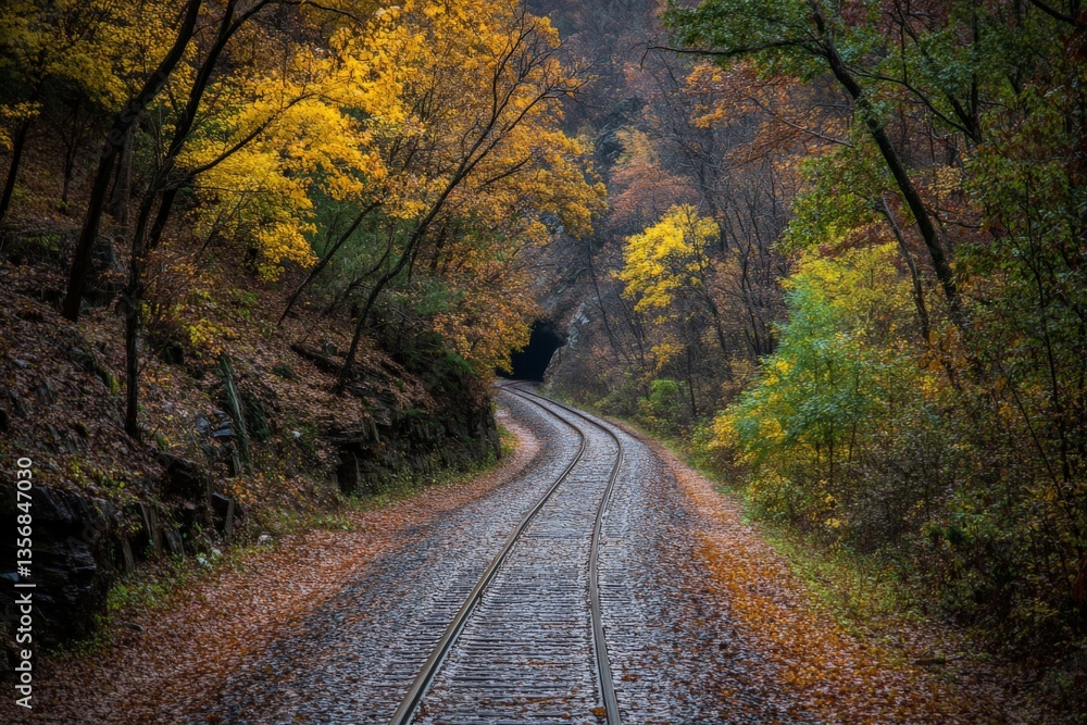 Fototapeta premium Scenic autumn train tracks winding through colorful foliage in a tranquil forest setting