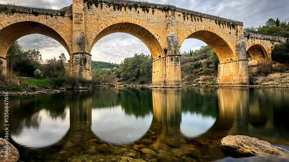 Ancient stone bridge reflecting in calm river, France Ancient stone bridge reflecting in calm river, France