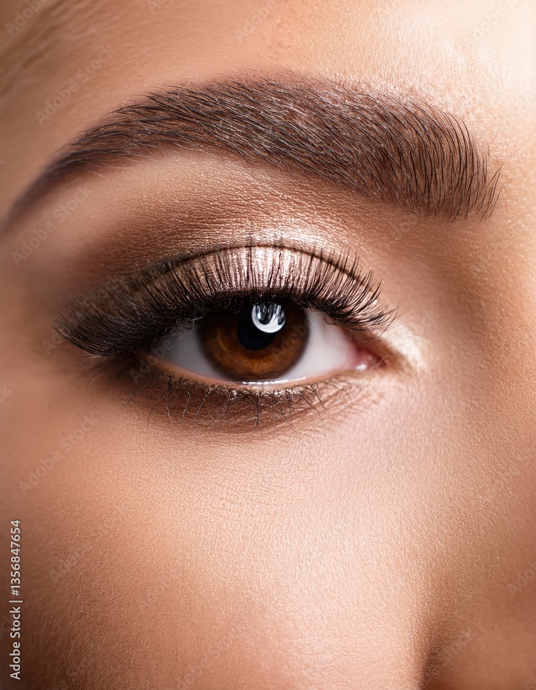 Obraz premium Female closed eye close-up. Eye makeup for eyebrows and eyelashes. Brown shade
