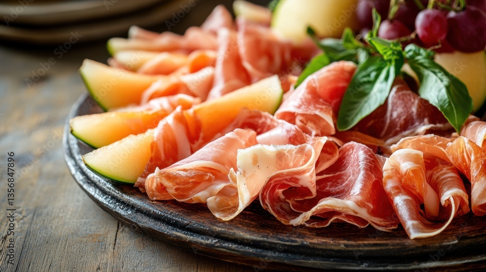 A rustic platter of prosciutto and melon, with thin slices of salty prosciutto wrapped around sweet, ripe melon slices.