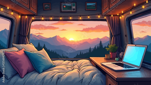 Beautiful camper van interior with soft bed and laptop facing sunrise through panoramic mountain windows, perfect for digital nomads.