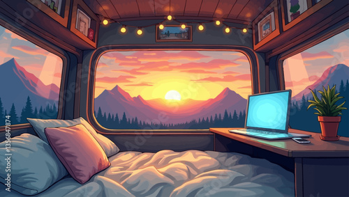 Dreamy camper van interior with glowing lights, mountain sunset view, and cozy bedding for peaceful nomadic lifestyle.