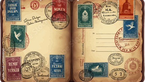 Retro-themed passport pages decorated with colorful vintage stamps and postal marks, representing world travel.