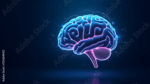 Digital blue glowing brain with realistic anatomy and neural connections on a futuristic dark background.