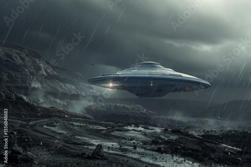 Alien, spaceship and UFO with lightning on mountain for fantasy, science fiction and space abduction. Neural network ai generated